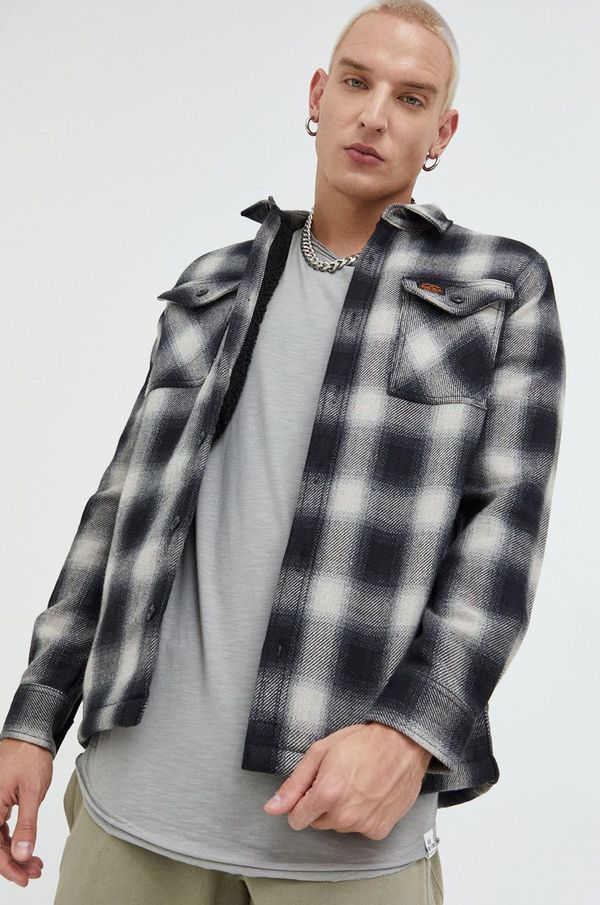 Superdry Košulja s primjesom vune Superdry za muškarce, boja: crna, regular, s klasičnim ovratnikom