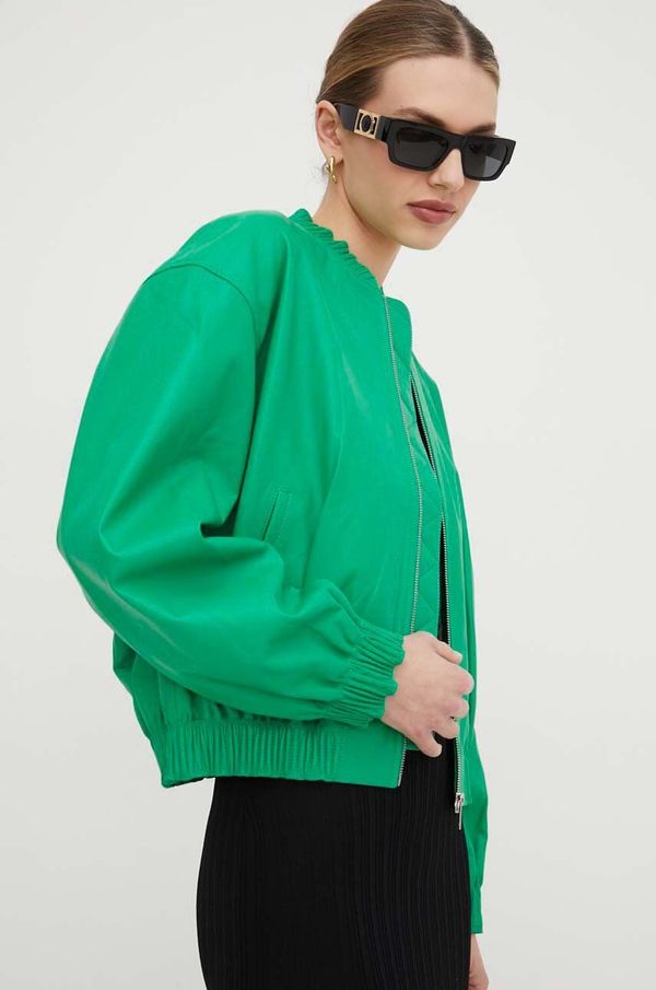 Custommade Kožna bomber jakna Custommade za žene, boja: zelena, za prijelazno razdoblje, oversize