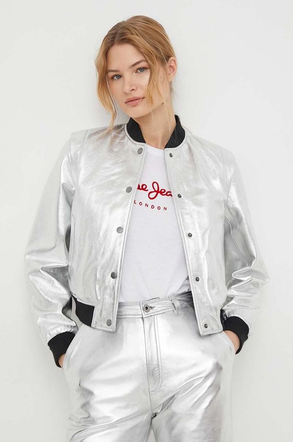 Pepe Jeans Kožna bomber jakna Pepe Jeans za žene, boja: srebrna, za prijelazno razdoblje