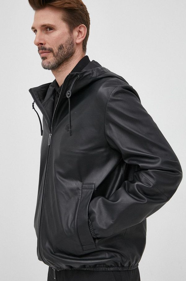 Emporio Armani Kožna jakna Emporio Armani za muškarce, boja: crna, za prijelazno razdoblje