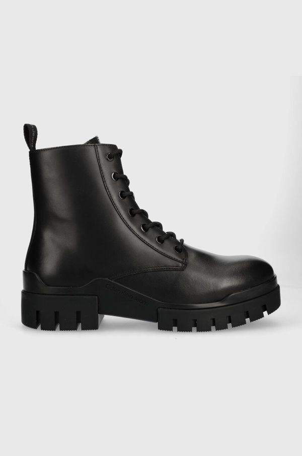 Calvin Klein Jeans Kožne cipele Calvin Klein Jeans TRANSP COMBAT MID LACEUP LTH za muškarce, boja: crna, YM0YM00755