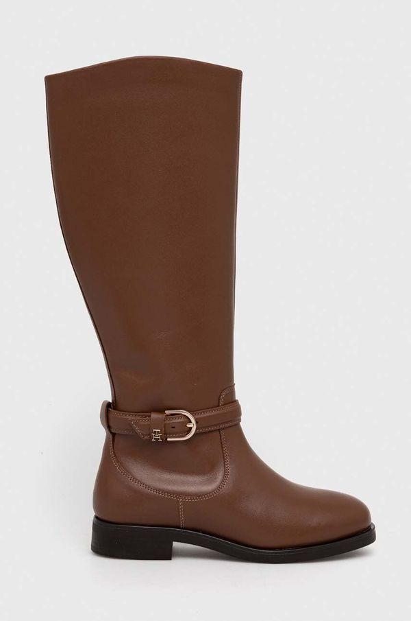 Tommy Hilfiger Kožne čizme Tommy Hilfiger ELEVATED ESSENT THERMO LONGBOOT za žene, boja: smeđa, ravni potplat, FW0FW07484