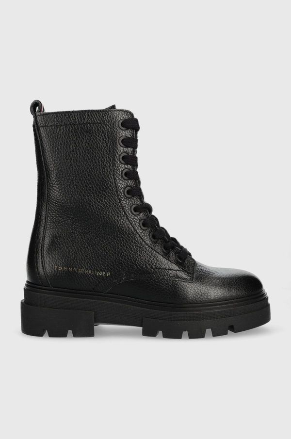 Tommy Hilfiger Kožne čizme Tommy Hilfiger Monochromatic Lace Up Boot Monochromatic Lace Up Boot, za žene, boja: crna, ravna potpetica