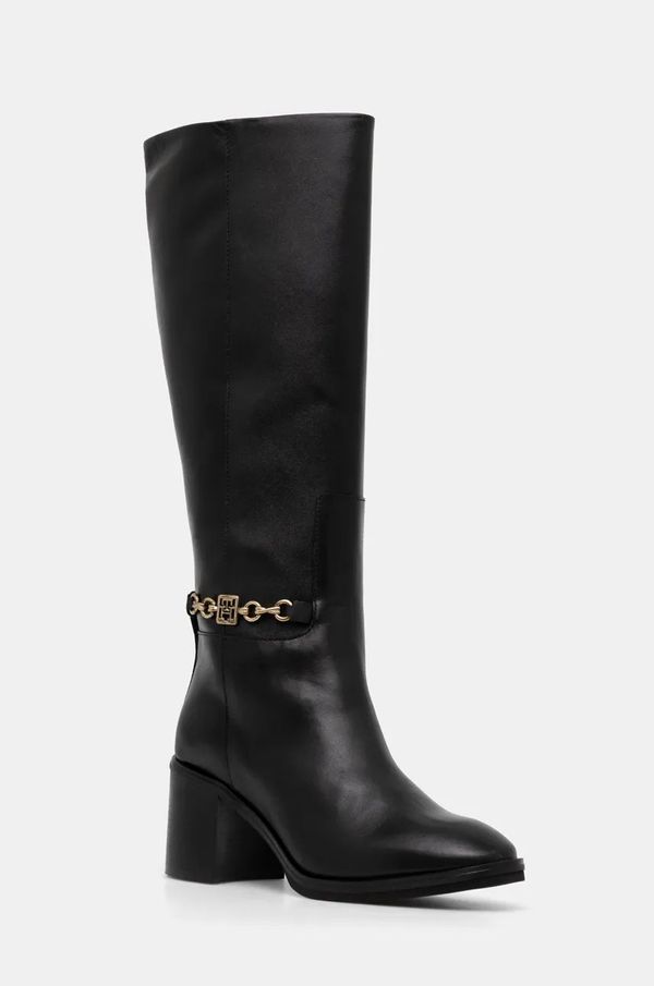 Tommy Hilfiger Kožne čizme Tommy Hilfiger TH CHAIN LEATHER LONG BOOT za žene, boja: crna, s debelom potpeticom, FW0FW08182