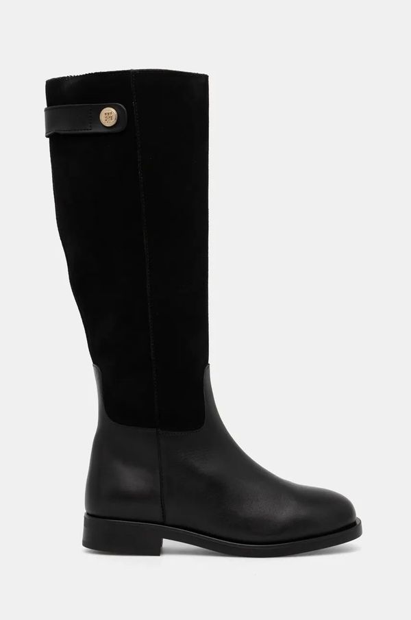 Tommy Hilfiger Kožne čizme Tommy Hilfiger TH STUD LEATHER MIX LONG BOOT za žene, boja: crna, ravni potplat, FW0FW08341