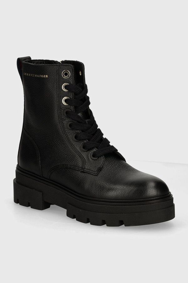 Tommy Hilfiger Kožne gležnjače Tommy Hilfiger BICOLOR LEATHER LACE-UP za žene, boja: crna, ravni potplat, FW0FW08160