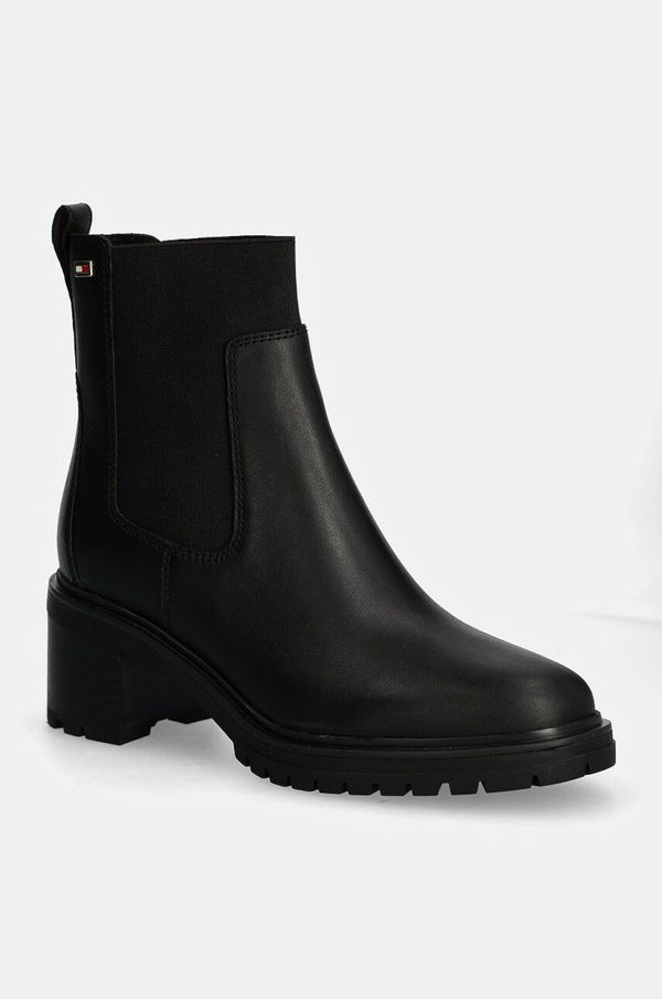 Tommy Hilfiger Kožne gležnjače Tommy Hilfiger FLAG MID HEEL LEATHER CHELSEA za žene, boja: crna, s debelom potpeticom, FW0FW08163