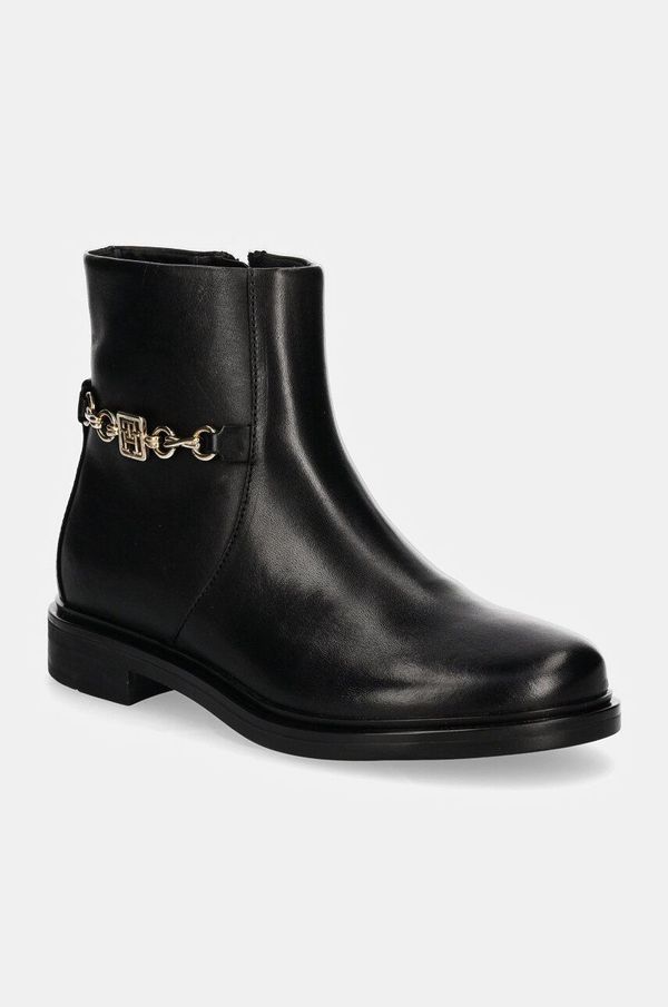 Tommy Hilfiger Kožne gležnjače Tommy Hilfiger TH CHAIN LEATHER LOW BOOTIE za žene, boja: crna, ravni potplat, FW0FW08251