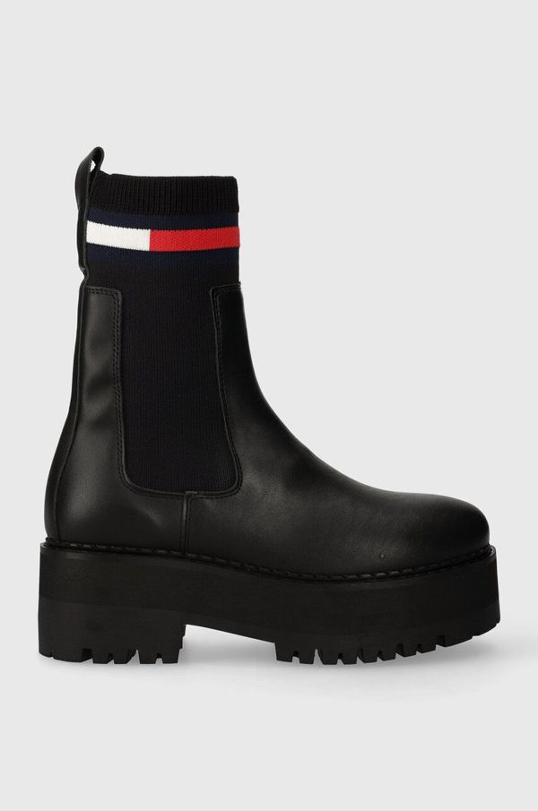 Tommy Jeans Kožne gležnjače Tommy Jeans TJW FLATFORM CHELSEA SOCK za žene, boja: crna, ravni potplat, EN0EN02301