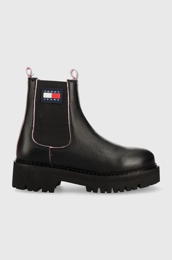Tommy Jeans Kožne gležnjače Tommy Jeans Tommy Jeans Piping Chelsea za žene, boja: crna, ravna potpetica