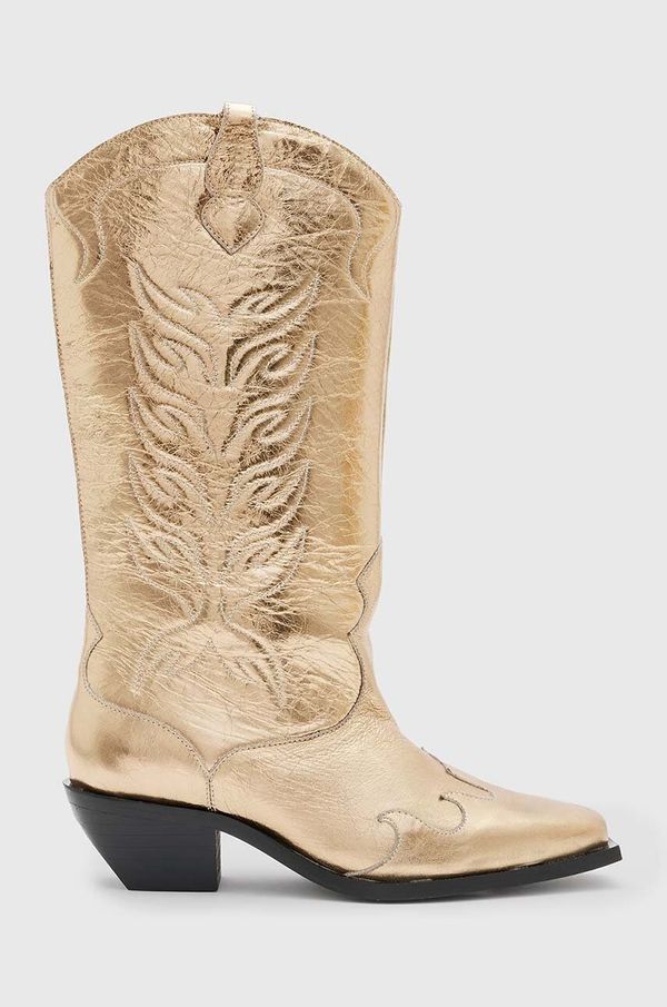 AllSaints Kožne kaubojske čizme AllSaints Dolly Boot za žene, boja: zlatna, s debelom potpeticom, WF763Z