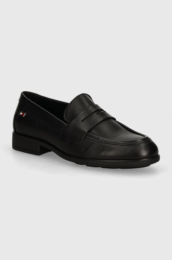 Tommy Hilfiger Kožne mokasinke Tommy Hilfiger FLAG LEATHER CLASSIC LOAFER za žene, boja: crna, ravni potplat, FW0FW08030