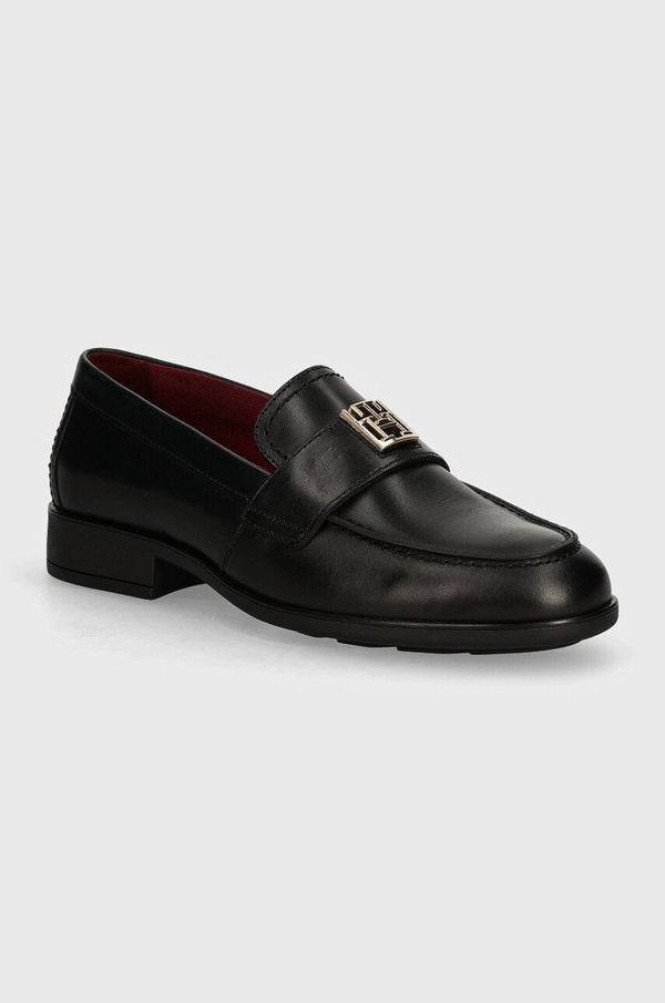 Tommy Hilfiger Kožne mokasinke Tommy Hilfiger TH LEATHER CLASSIC LOAFER za žene, boja: crna, ravni potplat, FW0FW07961