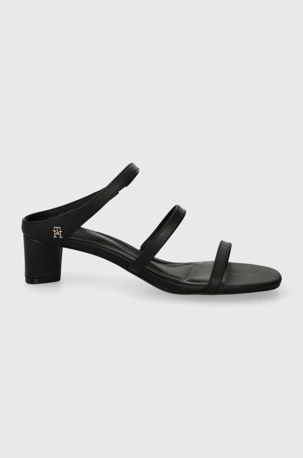 Tommy Hilfiger Kožne natikače Tommy Hilfiger TH STRAP LEATHER MID HEEL za žene, boja: crna, s debelom potpeticom, FW0FW07731