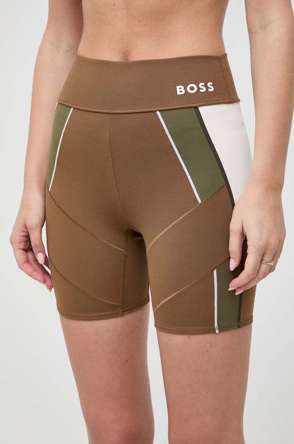 Boss Kratke hlače BOSS x Alica Schmidt za žene, boja: smeđa, s uzorkom, visoki struk