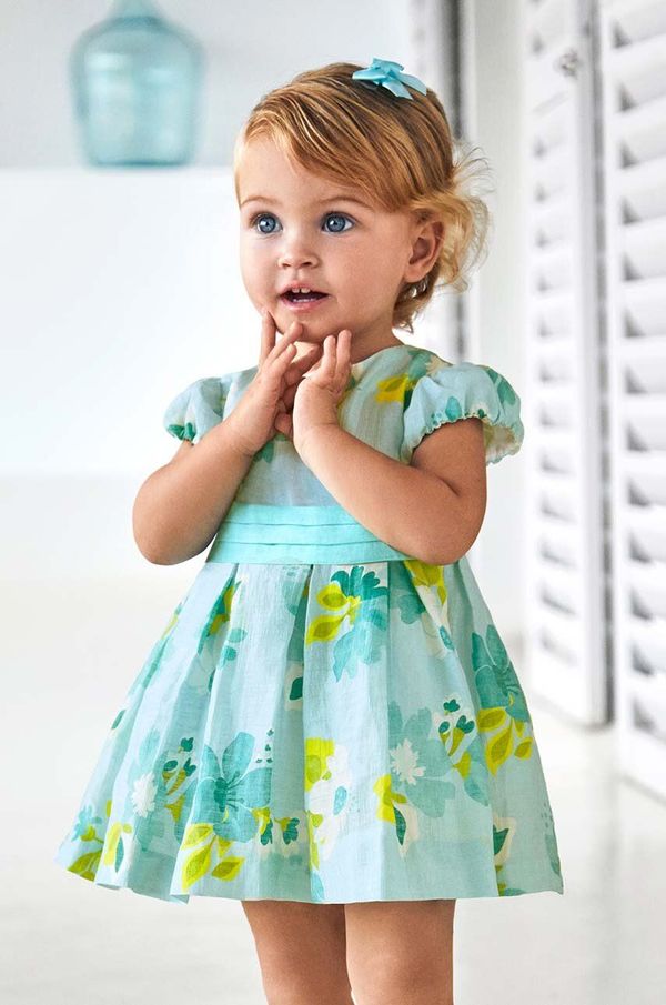 Mayoral Lanena haljina za bebe Mayoral boja: tirkizna, mini, širi se prema dolje