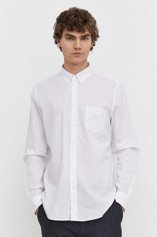Samsoe Samsoe Lanena košulja Samsoe Samsoe za muškarce, boja: bijela, regular, s button-down ovratnikom