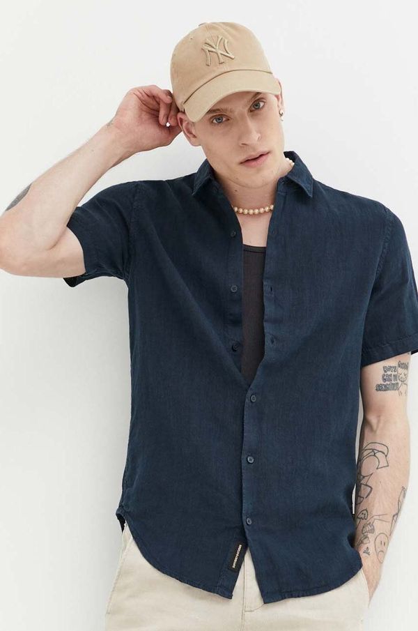 Superdry Lanena košulja Superdry boja: tamno plava, regular, s klasičnim ovratnikom