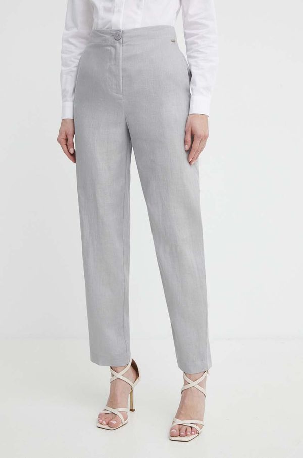 Armani Exchange Lanene hlače Armani Exchange boja: siva, ravni kroj, visoki struk, 3DYP12 YN1RZ