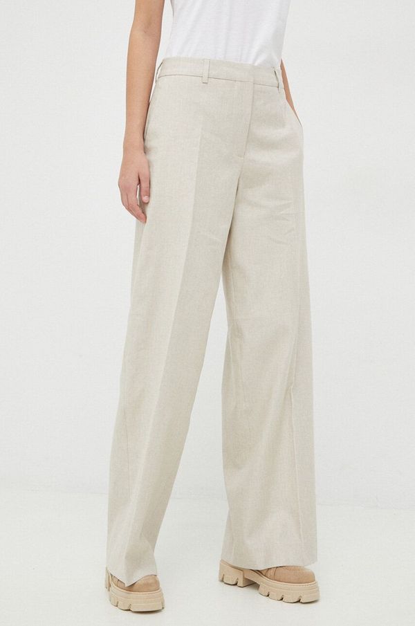 Calvin Klein Lanene hlače Calvin Klein boja: bež, široke, visoki struk
