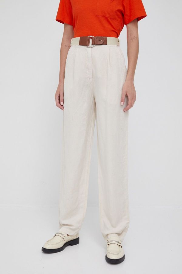 Emporio Armani Lanene hlače Emporio Armani za žene, boja: bež, ravni kroj, visoki struk