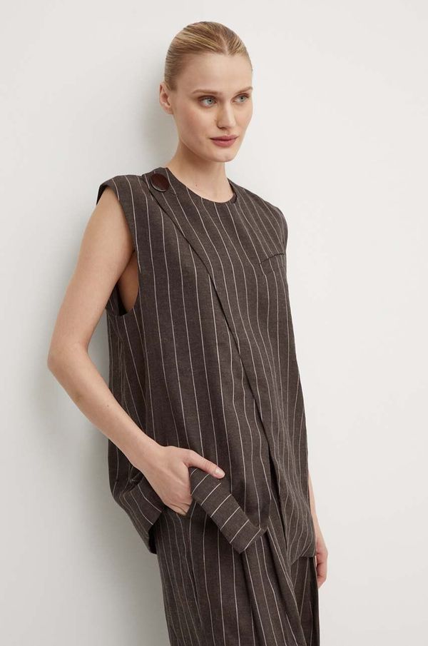 Day Birger et Mikkelsen Laneni prsluk Day Birger et Mikkelsen Enid - Casual Linen Stripe boja: smeđa, jednoredno zakopčavanje, DAY65243328