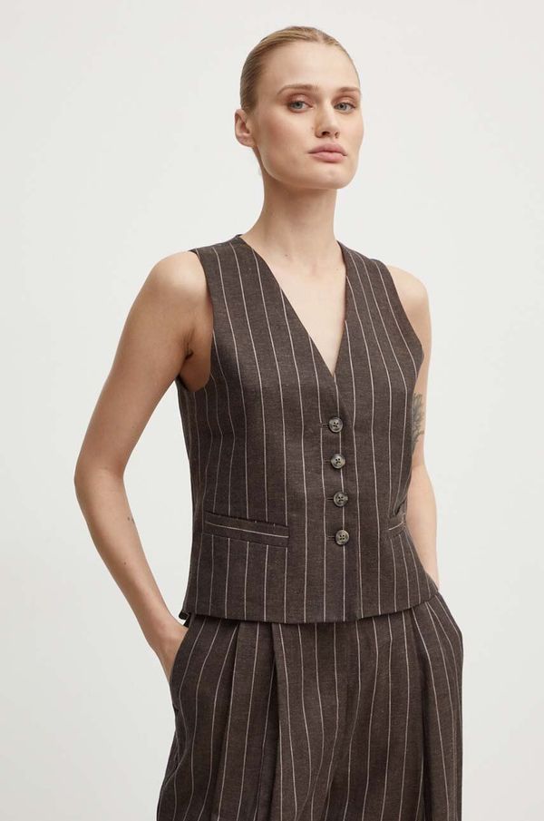 Day Birger et Mikkelsen Laneni prsluk Day Birger et Mikkelsen Frida - Casual Linen Stripe boja: smeđa, jednoredno zakopčavanje, DAY65243245