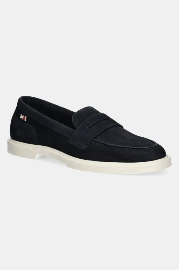 Tommy Hilfiger Mokasinke od nubuk kože Tommy Hilfiger FLAG SOFT NUBUCK LOAFER za žene, boja: tamno plava, ravni potplat, FW0FW08679