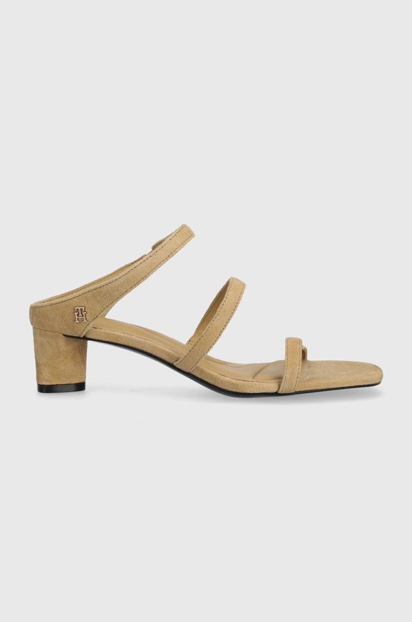 Tommy Hilfiger Natikače od brušene kože Tommy Hilfiger TH STRAP SUEDE MID HEEL za žene, boja: bež, s debelom potpeticom, FW0FW08043