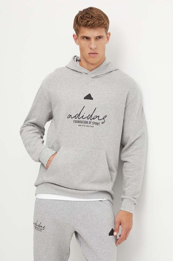 adidas Pamučna dukserica adidas Brand Love za muškarce, boja: siva, s kapuljačom, s tiskom, IX1316