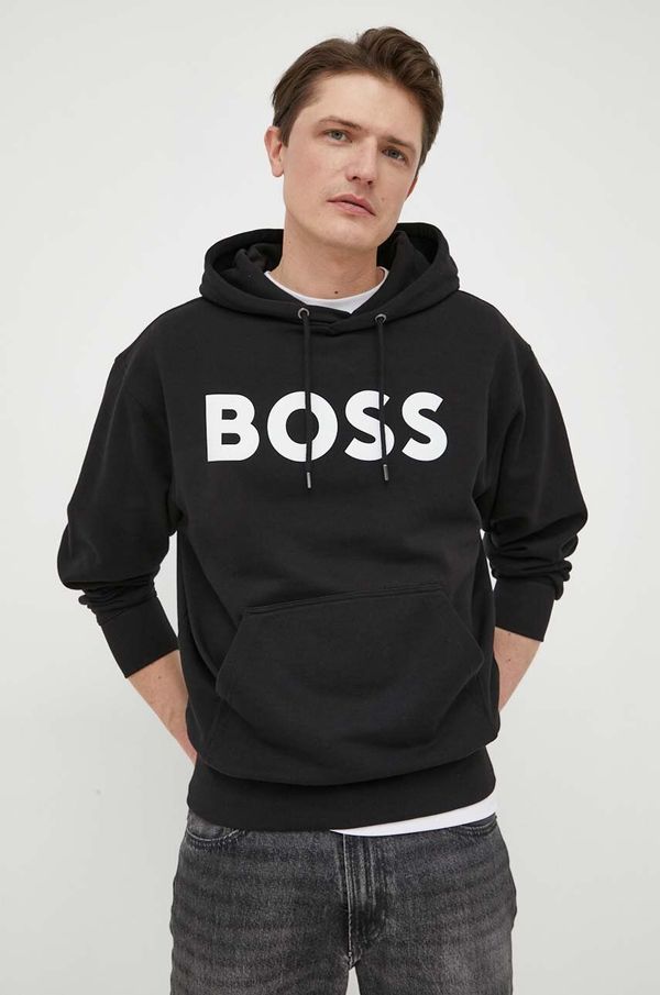 Boss Orange Pamučna dukserica BOSS BOSS ORANGE za muškarce, boja: crna, s kapuljačom, s tiskom