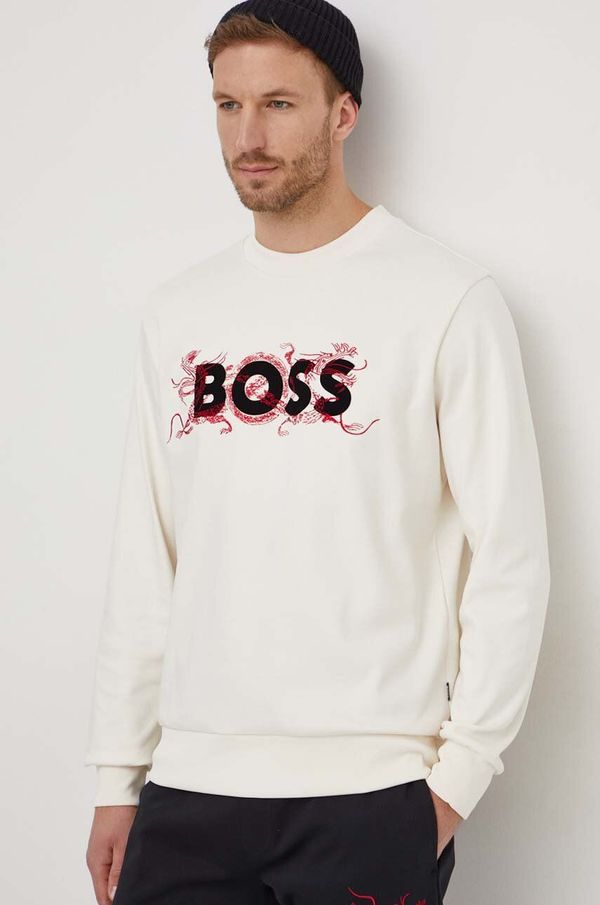 Boss Pamučna dukserica BOSS za muškarce, boja: bež, s aplikacijom, 50510132