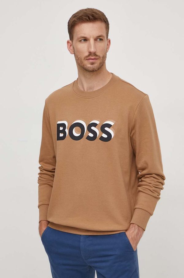 Boss Pamučna dukserica BOSS za muškarce, boja: bež, s tiskom, 50507939