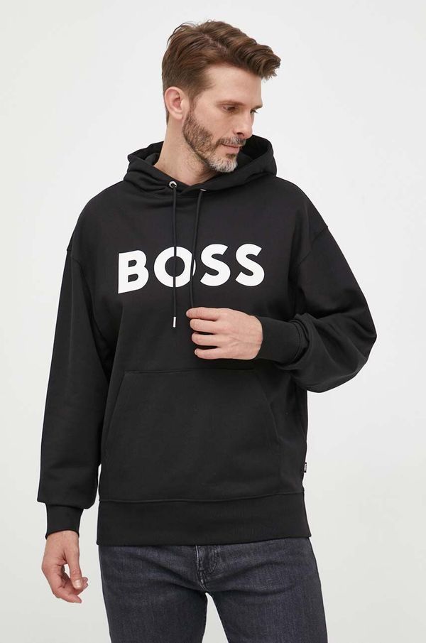 Boss Pamučna dukserica BOSS za muškarce, boja: crna, s kapuljačom, s tiskom