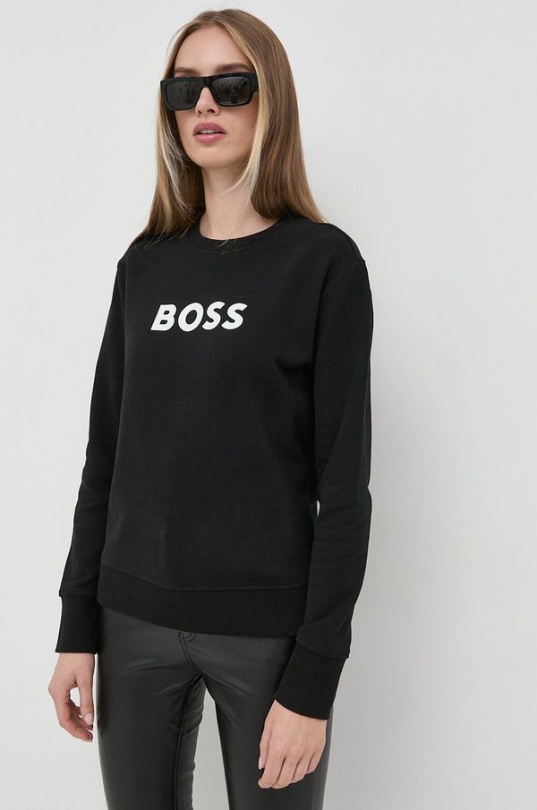 Boss Pamučna dukserica BOSS za žene, boja: crna, s tiskom