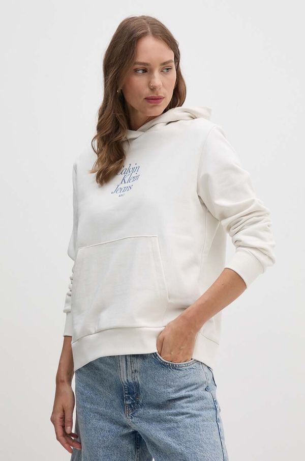 Calvin Klein Jeans Pamučna dukserica Calvin Klein Jeans za žene, boja: bež, s kapuljačom, s aplikacijom, J20J224893
