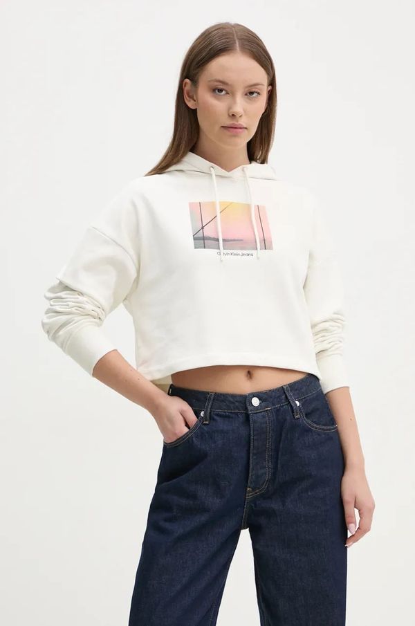 Calvin Klein Jeans Pamučna dukserica Calvin Klein Jeans za žene, boja: bež, s kapuljačom, s tiskom, J20J224168