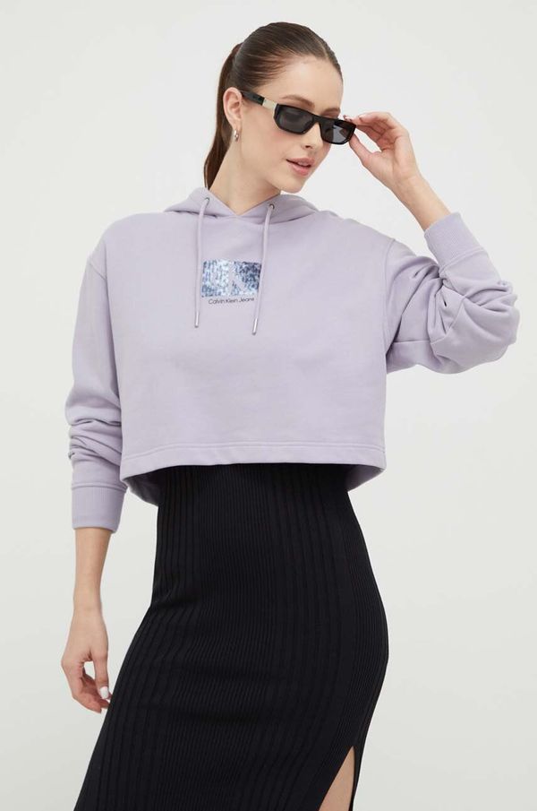 Calvin Klein Jeans Pamučna dukserica Calvin Klein Jeans za žene, boja: ljubičasta, s kapuljačom, s tiskom