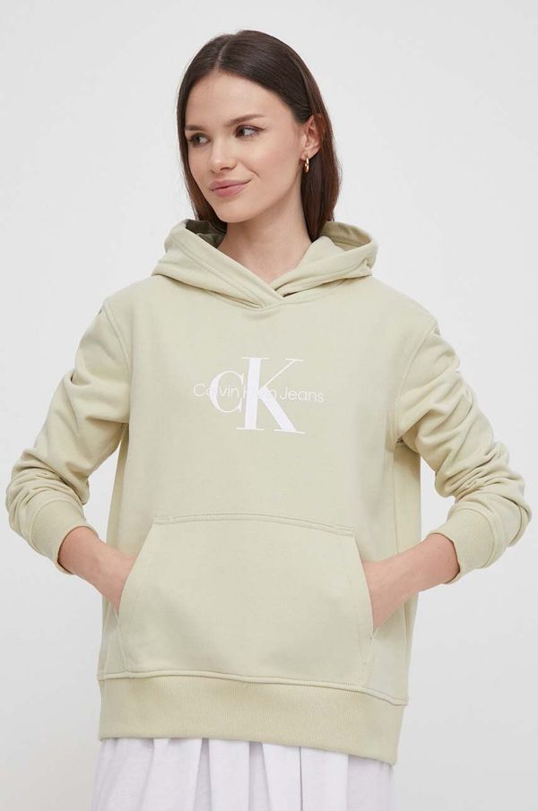 Calvin Klein Jeans Pamučna dukserica Calvin Klein Jeans za žene, boja: zelena, s kapuljačom, s tiskom, J20J223077