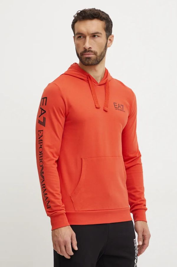 EA7 Emporio Armani Pamučna dukserica EA7 Emporio Armani za muškarce, boja: narančasta, s kapuljačom, s tiskom, PJ05Z.8NPM18