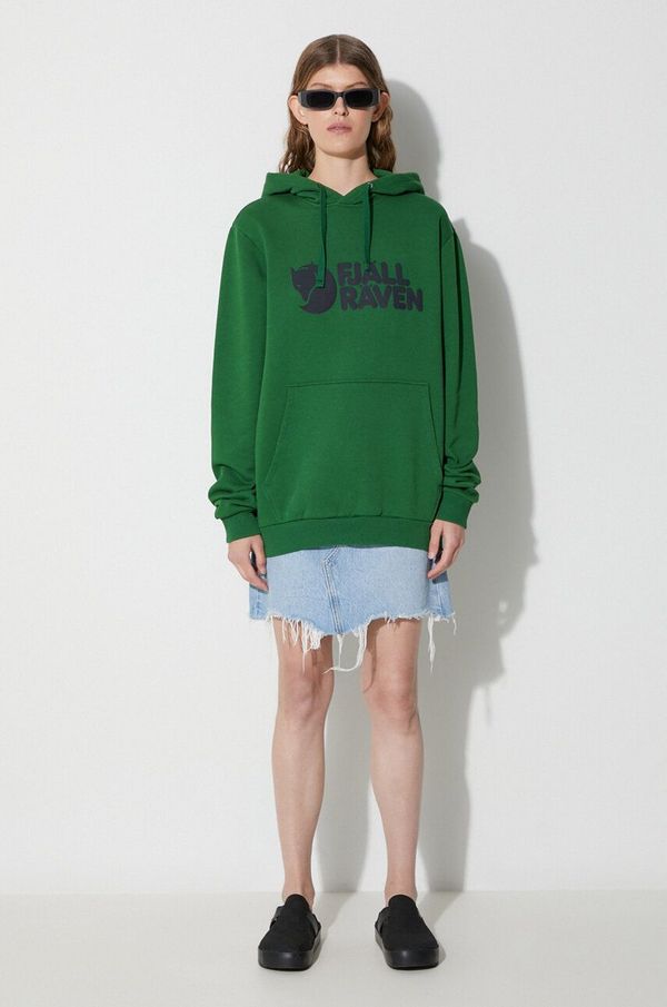 Fjallraven Pamučna dukserica Fjallraven Logo Hoodie boja: zelena, s kapuljačom, tiskom, 84144-PALM.GREEN