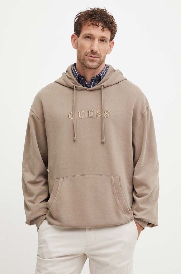 Guess Pamučna dukserica Guess za muškarce, boja: smeđa, s kapuljačom, s aplikacijom