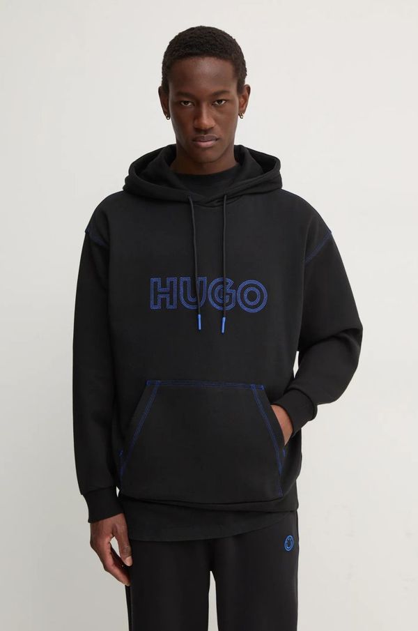 Hugo Blue Pamučna dukserica Hugo Blue za muškarce, boja: crna, s kapuljačom, s aplikacijom, 50521697