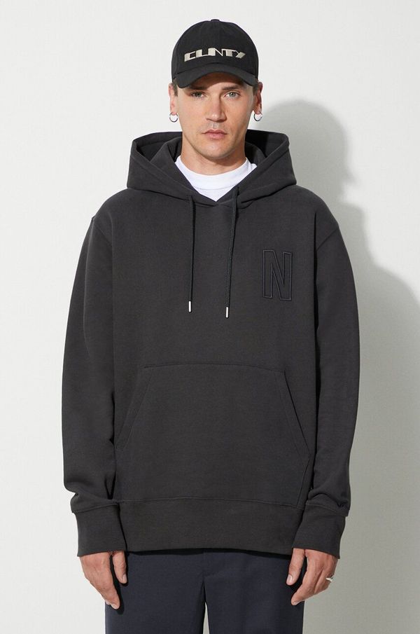 Norse Projects Pamučna dukserica Norse Projects Arne Relaxed Organic Brushed Fleece za muškarce, boja: crna, s kapuljačom, bez uzorka, N20-1354-9999