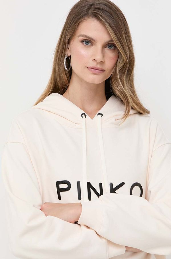 Pinko Pamučna dukserica Pinko za žene, boja: bež, s kapuljačom, s aplikacijom
