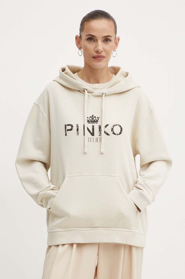 Pinko Pamučna dukserica Pinko za žene, boja: bež, s kapuljačom, s tiskom, 104388 A27V
