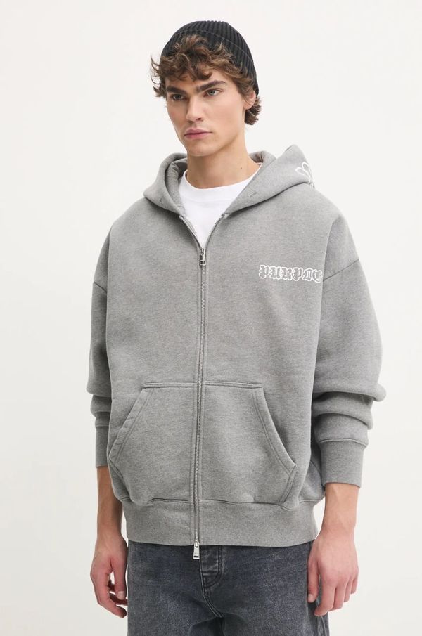 PURPLE BRAND Pamučna dukserica PURPLE BRAND HWT FLEECE ZIP FRONT HOODY za muškarce, boja: siva, s kapuljačom, s tiskom, P460-HHGG125