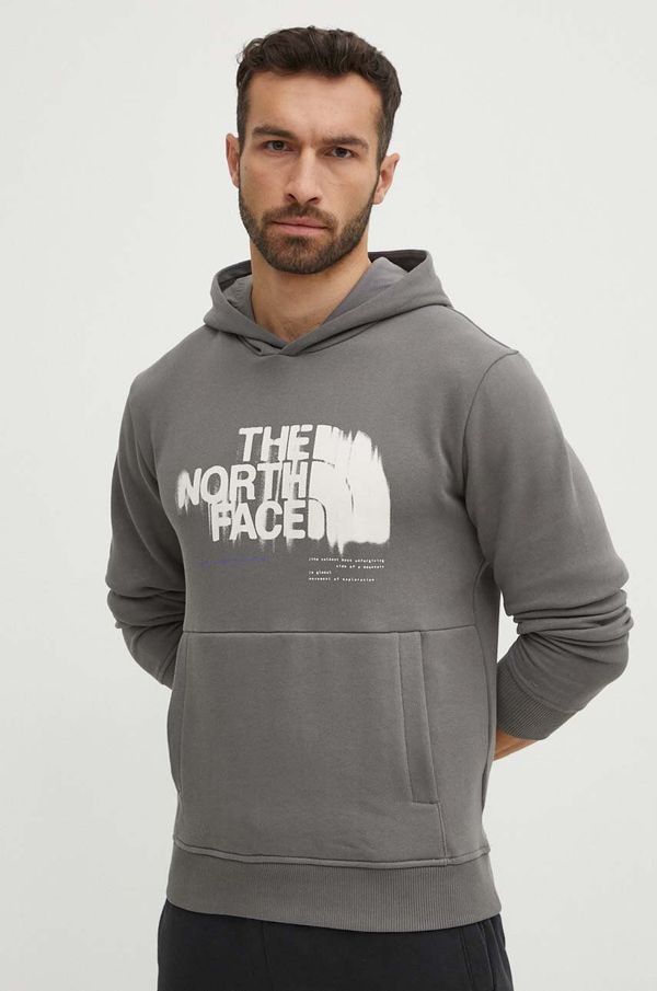 The North Face Pamučna dukserica The North Face za muškarce, boja: siva, s kapuljačom, s tiskom, NF0A87ET0UZ1