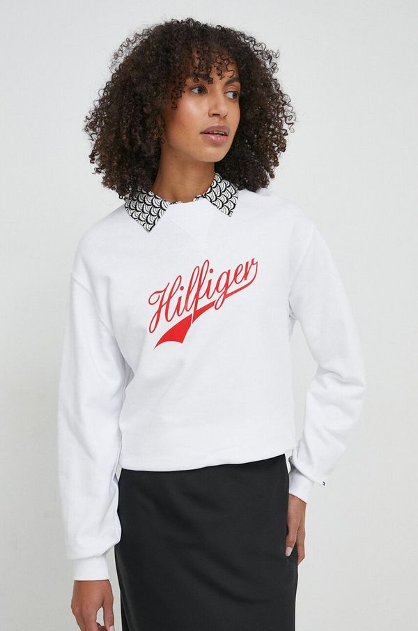 Tommy Hilfiger Pamučna dukserica Tommy Hilfiger za žene, boja: bijela, s tiskom, WW0WW41052