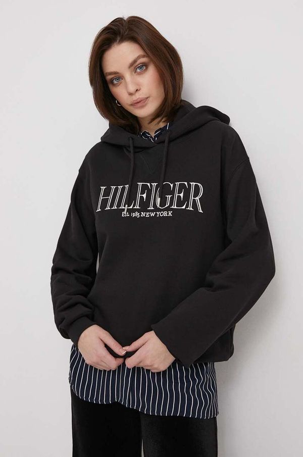 Tommy Hilfiger Pamučna dukserica Tommy Hilfiger za žene, boja: crna, s kapuljačom, s aplikacijom